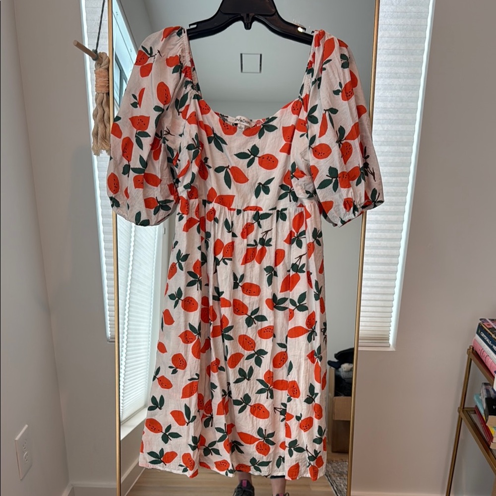 White Orange-Print Puff Sleeve Midi Dress